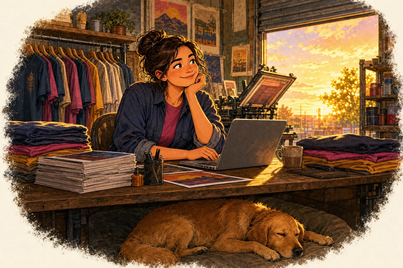 An illustrated shop owner relaxing at her desk at sunset with a laptop and a coffee, a golden retriever asleep underneath