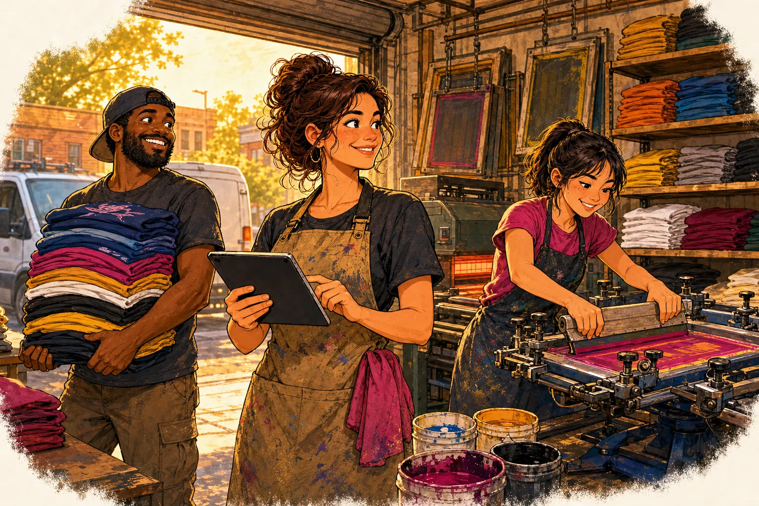 An illustrated screen-printing crew at work: the owner checks an order on a tablet, one printer carries a stack of finished shirts and another pulls a squeegee on the press